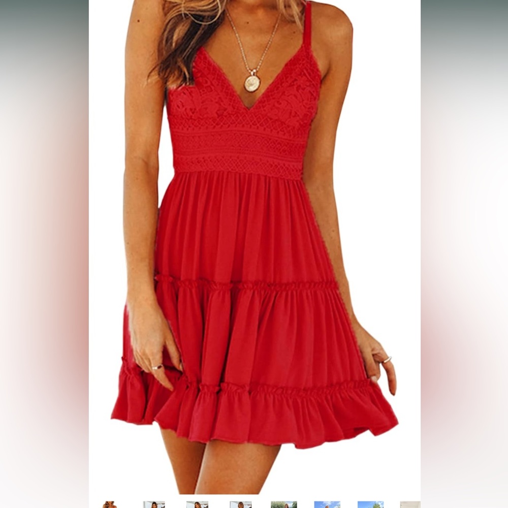 Womens V-Neck Spaghetti Strap Bowknot Backless Lace Mini Swing Dress NWT